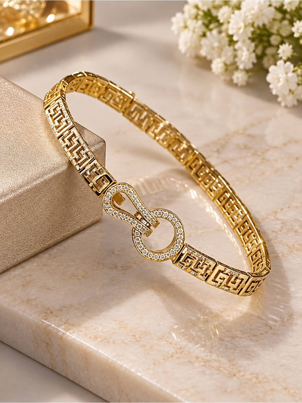 14K Gold Filled Greek Key CZ Infinity Link Statement Bracelet. 7-8” Adjustable
